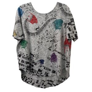 Inoah Top Womens M Gray Music Piano Cat AOP High Low Artsy Lagenlook Maximalist